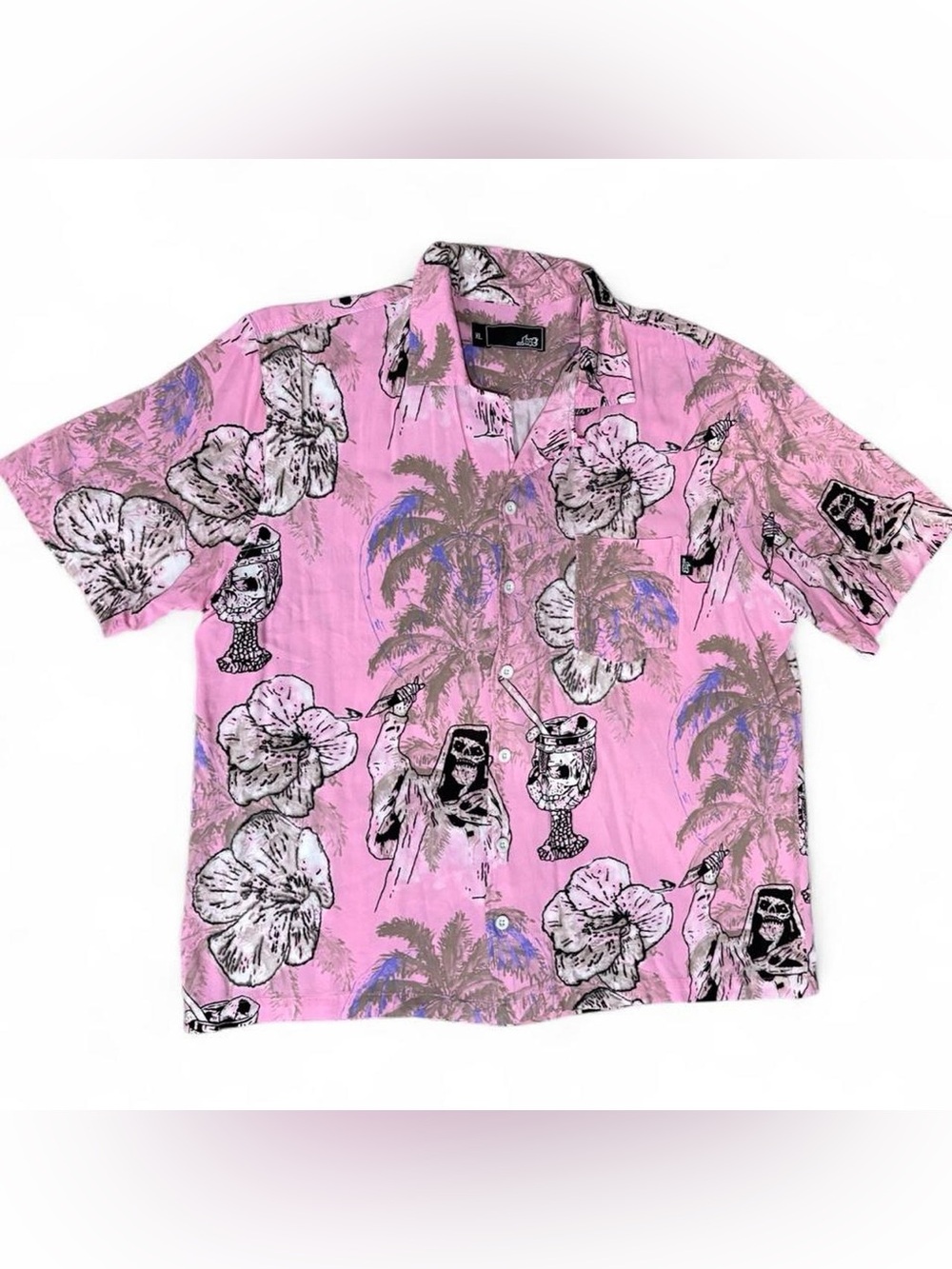 Lost Pink Tropical Hawaiian Print Short-Sleeve Button-Up Shirt XL